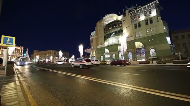 Nyårshelgen Juldekoration Lubyanskaya Lubyanka Torget Kvällen Moskva Ryssland — Stockvideo