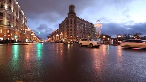 Moskou Rusland Januari 2018 Kerst Nieuwjaars Vakantie Verlichting Verkeer Van — Stockvideo