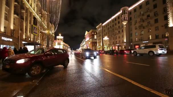 Moscow Russia January 2018 Christmas New Year Holidays Illumination Traffic — Stock Video