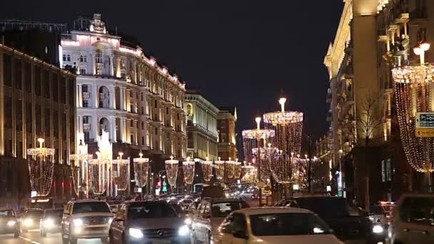 Moskou Rusland Januari 2018 Kerst Nieuwjaars Vakantie Verlichting Verkeer Van — Stockvideo