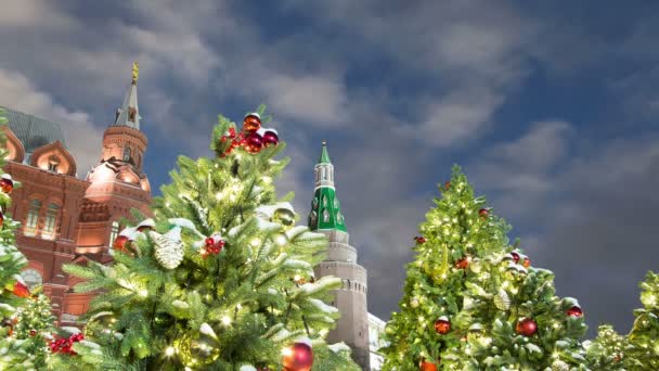 Weihnachten Feiertage Beleuchtung Der Nähe Des Moskauer Kreml Der Nacht — Stockvideo