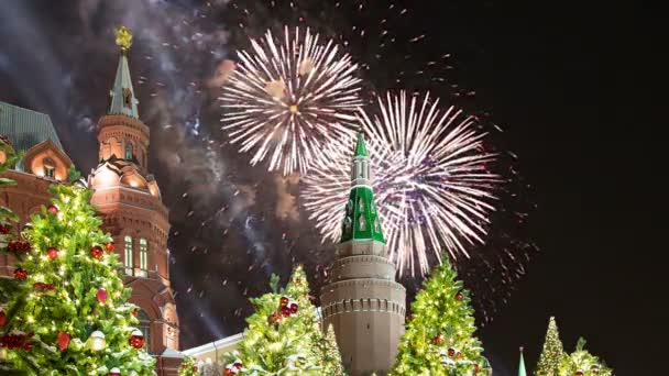 Vuurwerk Het Kremlin Van Moskou Nachts Rusland — Stockvideo