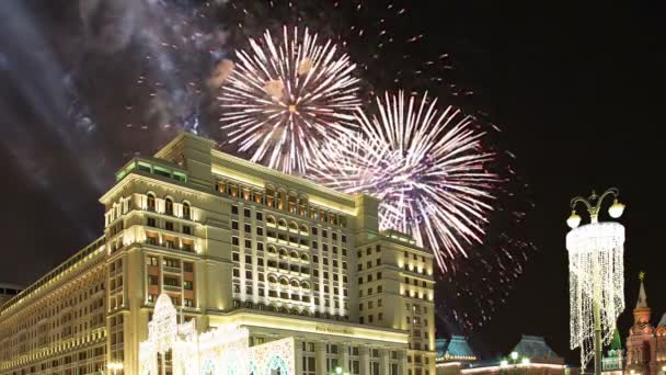 Feuerwerk Über Den Vier Jahreszeiten Hotel Moskau Russland — Stockvideo