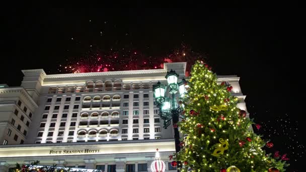 Fogos Artifício Sobre Four Seasons Hotel Moscovo Rússia — Vídeo de Stock