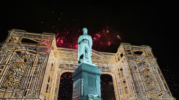 Fogos Artifício Sobre Monumento Pushkin Centro Cidade Moscou Rússia — Vídeo de Stock