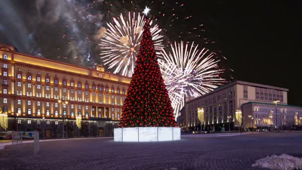 Feuerwerk Über Dem Lubyanskaja Lubyanka Platz Abend Moskau Russland — Stockvideo