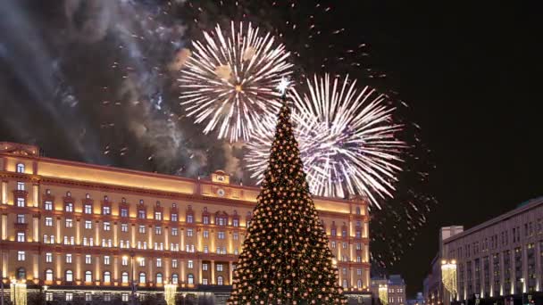 Fogos Artifício Sobre Praça Lubyanskaya Lubyanka Noite Moscou Rússia — Vídeo de Stock