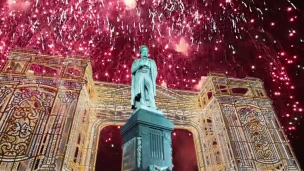 Fogos Artifício Sobre Monumento Pushkin Centro Cidade Moscou Rússia Com — Vídeo de Stock