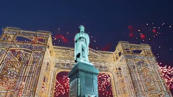 Fogos Artifício Sobre Monumento Pushkin Centro Cidade Moscou Rússia Com — Vídeo de Stock