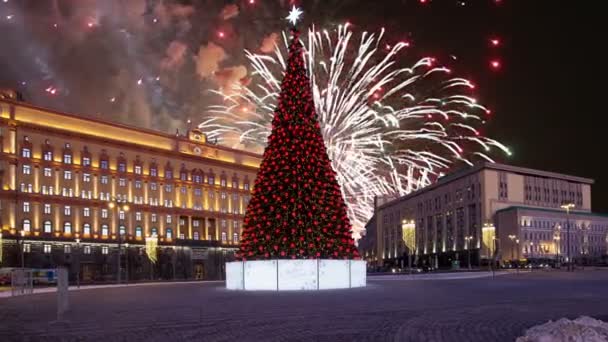 Vuurwerk Het Plein Van Lubyanskaya Lubyanka Avond Moskou Rusland Met — Stockvideo