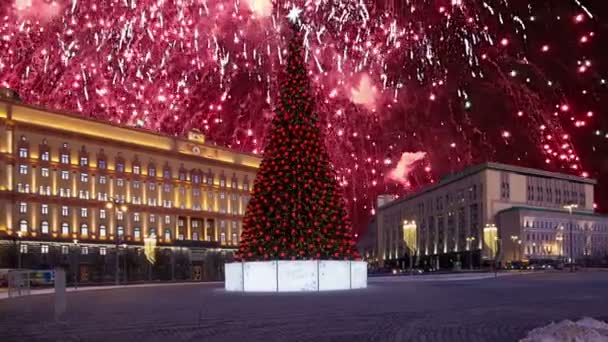 Fuegos Artificiales Sobre Plaza Lubyanskaya Lubyanka Por Noche Moscú Rusia — Vídeos de Stock