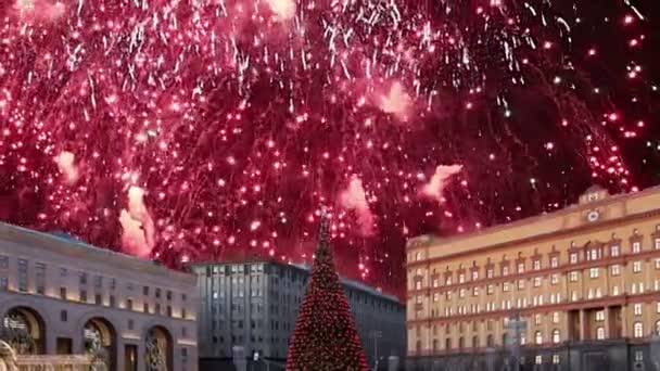 모스크바 러시아 확대와 저녁에 Lubyanskaya Lubyanka 불꽃놀이 — 비디오