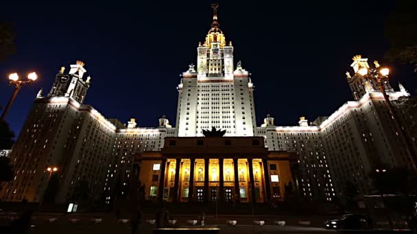 Moskauer Staatliche Universität Auf Spatzenhügeln Nachts Hauptgebäude Russland Ist Die — Stockvideo