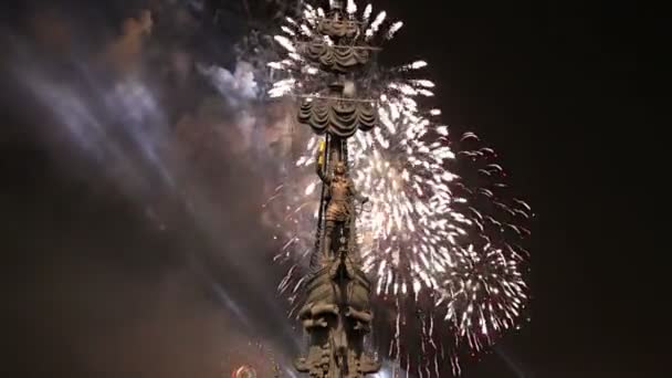 Fireworks Peter Great Statue Moskow Russia Designed Georgian Designer Zurab — Stock Video