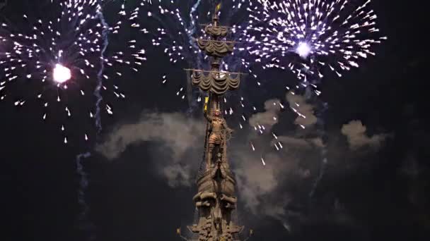 Fuochi Artificio Sulla Statua Pietro Grande Moscovia Russia Stato Progettato — Video Stock