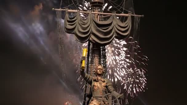 Fireworks Peter Great Statue Moskow Russia Designed Georgian Designer Zurab — Stock Video