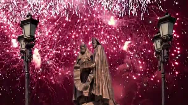 Feuerwerk Über Dem Monument Wiedersehen Der Kathedrale Von Christus Dem — Stockvideo