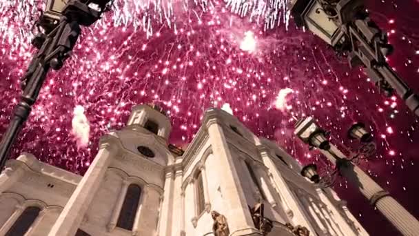 Fogos Artifício Sobre Catedral Cristo Salvador Moscou Rússia — Vídeo de Stock