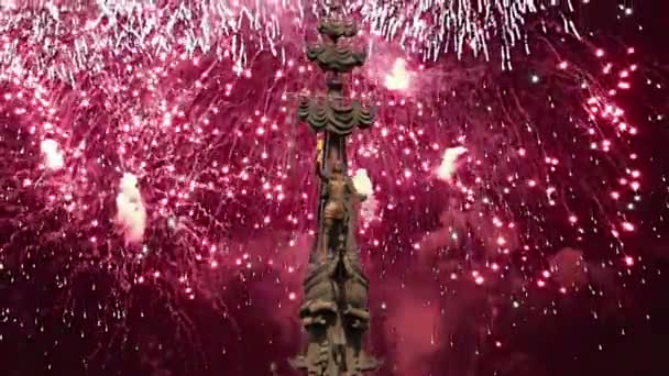 Fuochi Artificio Sulla Statua Pietro Grande Moscovia Russia Stato Progettato — Video Stock