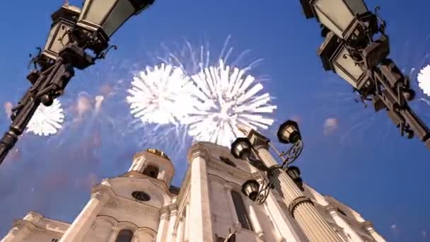 Feuerwerk Über Der Christus Erlöser Kathedrale Moskau Russland — Stockvideo