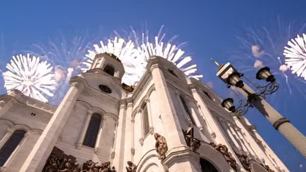 Vuurwerk Christus Verlosser Kathedraal Moskou Rusland — Stockvideo