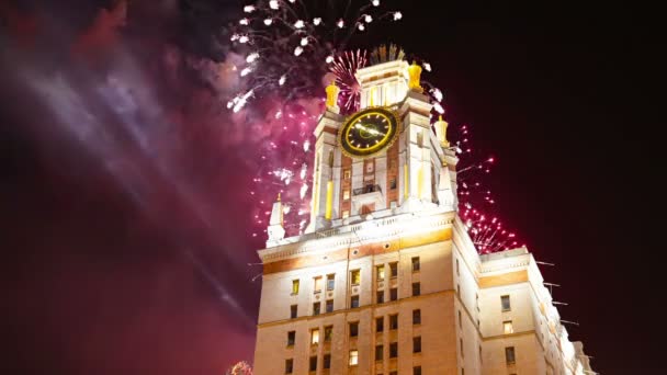 Fuochi Artificio Sull Edificio Principale Dell Università Statale Mosca Sulle — Video Stock