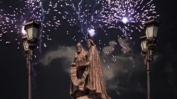 Feuerwerk Über Dem Monument Wiedersehen Der Kathedrale Von Christus Dem — Stockvideo
