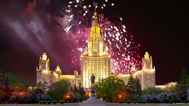 Ohňostroj Nad Hlavní Budovou Moskevské Státní Univerzity Sparrow Hills Rusko — Stock video