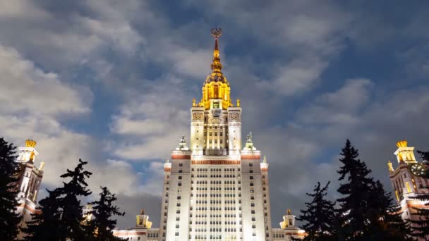 Main Building Moscow State University Sparrow Hills Background Moving Clouds — Stock Video