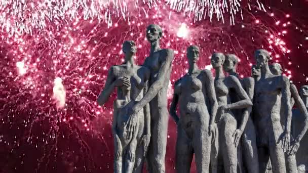Vuurwerk Het Monument Tragedie Van Volkeren Victory Park Poklonnaya Hill — Stockvideo