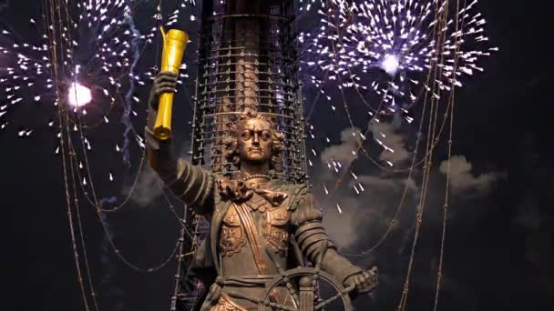 Fuegos Artificiales Sobre Estatua Pedro Grande Moskow Rusia Fue Diseñado — Vídeos de Stock