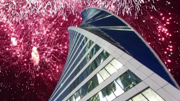 Vuurwerk Boven Wolkenkrabbers Van Het International Business Center Stad Moskou — Stockvideo