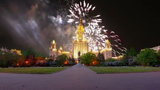 Fogos Artifício Sobre Edifício Principal Universidade Estatal Moscou Sparrow Hills — Vídeo de Stock