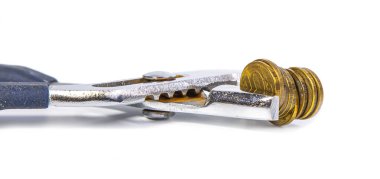 Küresel ekonomik krizin alegorisi - Demir 10 ruble madeni para (on ruble, Rusya Merkez Bankası) ekonomik krizin pençesinde, beyaz arka planda. Finans ve iş konsepti       