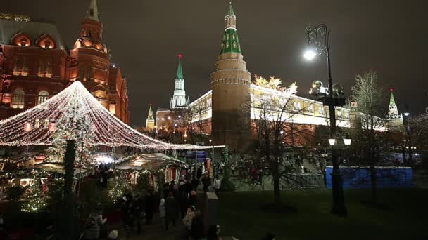 Moskva Ryssland December 2019 Juldekoration Moskva Natten Ryssland Manege Square — Stockvideo