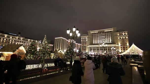 Moskva Ryssland December 2019 Juldekoration Moskva Natten Ryssland Manege Square — Stockvideo