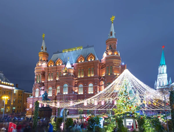 Moskwa Rosja Grudnia 2019 Dekoracja Świąteczna Moskwie Nocy Rosja Plac — Zdjęcie stockowe