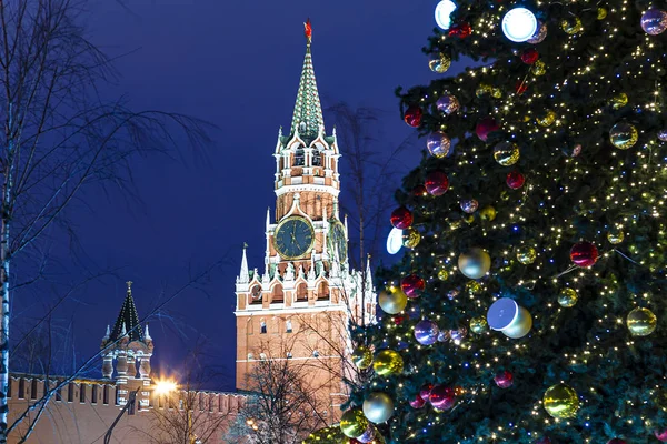 Boże Narodzenie Nowy Rok Dekoracja Moskwie Nocy Rosja Wieża Spasska — Zdjęcie stockowe