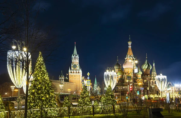 Catedral São Basílio Templo Basílio Beato Torre Spasskaya Decoração Natal — Fotografia de Stock