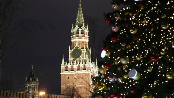 Karácsony Újévi Ünnepek Dekoráció Moszkvában Éjjel Oroszországban Thespasskaya Tower Utazás — Stock videók