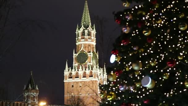 Décoration Noël Vacances Nouvel Moscou Nuit Russie Tour Spasskaya Voyage — Video