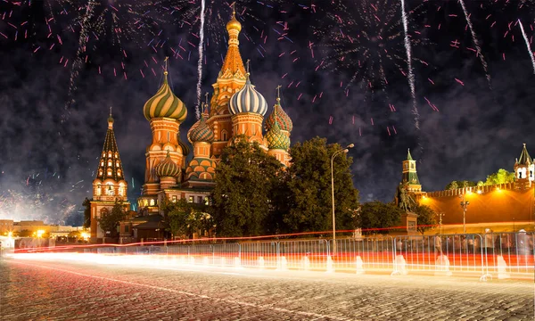 Cathedral Intercession Most Holy Theotokos Moat Temple Basil Blessed Fireworks — Stockfoto