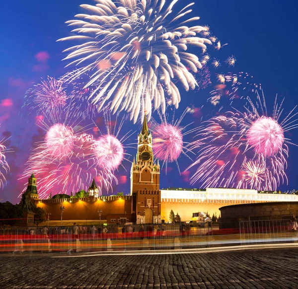 Moscow Kremlin Fireworks Honor Victory Day Celebration Wwii Red Square — Stock Photo, Image