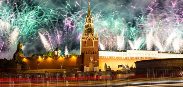 Moszkva Kreml Tűzijáték Győzelem Napi Ünneplés Tiszteletére Wwii Vörös Tér — Stock Fotó