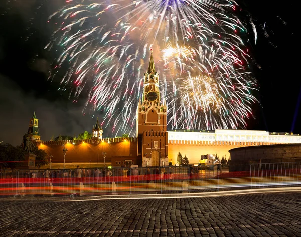 Moscow Kremlin Fireworks Honor Victory Day Celebration Wwii Red Square — Stock Photo, Image