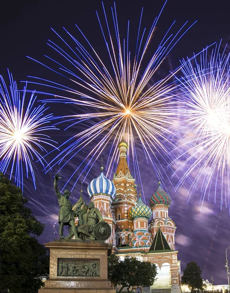 Cathedral Intercession Most Holy Theotokos Moat Temple Basil Blessed Fireworks — Stock Photo, Image