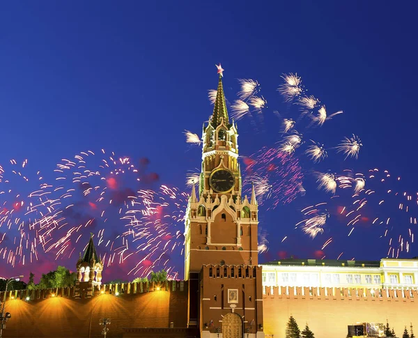 Spasskaya Tower Fireworks Honor Victory Day Celebration Wwii Red Square — Stock Photo, Image