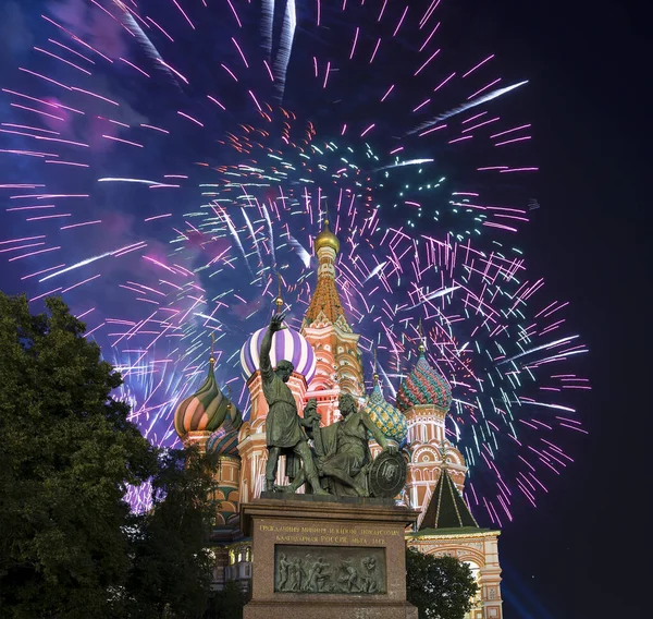 Chrám Basila Blahoslaveného Ohňostroje Počest Oslavy Dne Vítězství Wwii Moskva — Stock fotografie