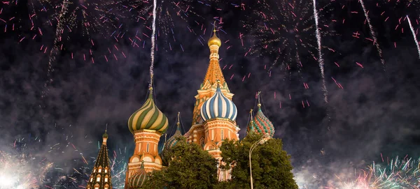 Cathedral Intercession Most Holy Theotokos Moat Temple Basil Blessed Fireworks — Stockfoto