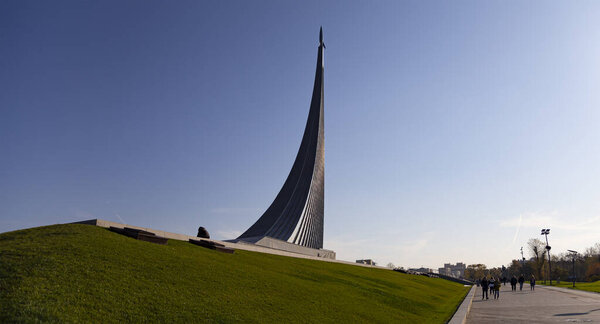 MOSCOW, RUSSIA - OCTOBER, 17 2019: Conquerors of Space Monument in the park outdoors of Cosmonautics museum, near VDNK exhibition center, Moscow, Russia        